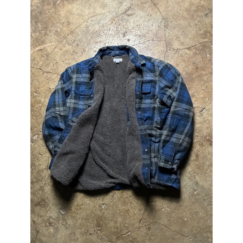 Carhartt Mens XL Blue Grey Plaid Sherpa Lined Flannel Shirt Jacket Relaxed Fit - Picture 6 of 6